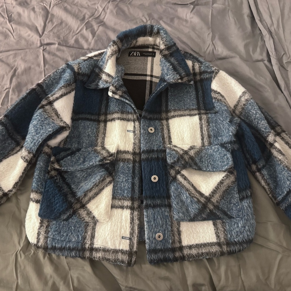 Zara Kids Blue and White Plaid Jean Jacket